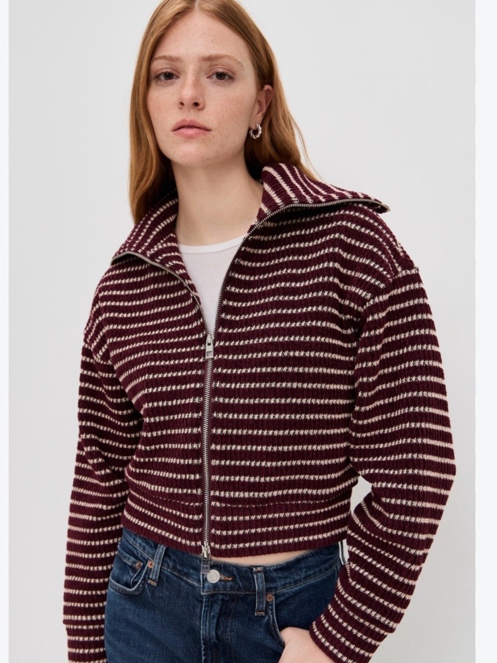 Madewell Burgundy and Cream Striped Zip-Front Knit Jacket